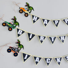 Load image into Gallery viewer, monster truck t-rex happy birthday banner