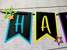 Load image into Gallery viewer, Neon glow in the dark birthday party banner featuring neon colors and neon stars
