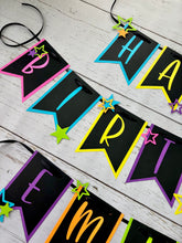 Load image into Gallery viewer, Neon glow in the dark birthday party banner featuring neon colors and neon stars
