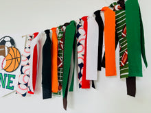 Load image into Gallery viewer, all star sports high chair banner featuring baseball, basketball, soccer ball and football