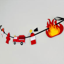 Load image into Gallery viewer, firetruck garland banner with a firetruck, fire hydrant, flame, fire extinguisher and dalmatian