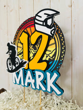 Load image into Gallery viewer, Mountain bike cake topper featuring MTB bike and rider, full face helmet, name, age, bicycle tire and wheel spokes