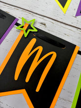 Load image into Gallery viewer, Neon glow in the dark birthday party banner featuring neon colors and neon stars