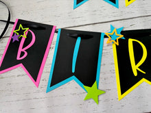 Load image into Gallery viewer, Neon glow in the dark birthday party banner featuring neon colors and neon stars