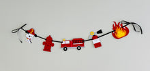 Load image into Gallery viewer, firetruck garland banner with a firetruck, fire hydrant, flame, fire extinguisher and dalmatian