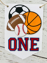 Load image into Gallery viewer, all star sports high chair banner featuring baseball, basketball, soccer ball and football