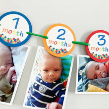 Load image into Gallery viewer, Designed and handcrafted by Declan & Smith Party Decor, this It's a ball to be one first birthday photo banner is the perfect addition to your little one's birthday party! Featuring a ball pit on each month, 13 months, newborn - 12 months and mini clothespin for easily hanging your photos, this banner is fully customizable to perfectly fit your party decor scheme.
