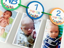 Load image into Gallery viewer, Designed and handcrafted by Declan & Smith Party Decor, this It's a ball to be one first birthday photo banner is the perfect addition to your little one's birthday party! Featuring a ball pit on each month, 13 months, newborn - 12 months and mini clothespin for easily hanging your photos, this banner is fully customizable to perfectly fit your party decor scheme.