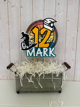 Load image into Gallery viewer, Mountain bike cake topper featuring MTB bike and rider, full face helmet, name, age, bicycle tire and wheel spokes