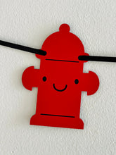 Load image into Gallery viewer, firetruck garland banner with a firetruck, fire hydrant, flame, fire extinguisher and dalmatian