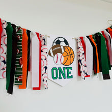 Load image into Gallery viewer, all star sports high chair banner featuring baseball, basketball, soccer ball and football
