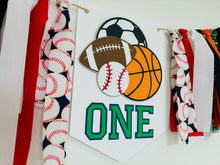 Load image into Gallery viewer, all star sports high chair banner featuring baseball, basketball, soccer ball and football