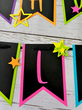 Load image into Gallery viewer, Neon glow in the dark birthday party banner featuring neon colors and neon stars