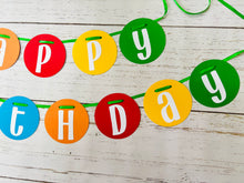 Load image into Gallery viewer, Primary colors circle pennant happy birthday banner strung on green satin ribbon.