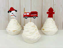 Load image into Gallery viewer, firetruck themed cupcake toppers