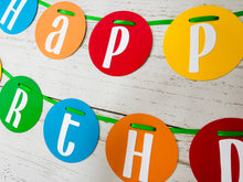 Load image into Gallery viewer, Primary colors circle pennant happy birthday banner strung on green satin ribbon.