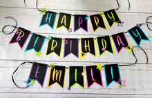 Load image into Gallery viewer, Neon glow in the dark birthday party banner featuring neon colors and neon stars