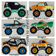 Load image into Gallery viewer, Monster jam inspired monster trucks with a T-Rex dinosaur cupcake toppers. Each monster truck features a T-Rex standing on the back of the truck. The monster truck dinosaur cupcake toppers are professionally printed, cut and attached to four inch bamboo skewers. The monster truck dinosaur cupcake toppers are handcrafted in the USA. The truck options are Grave Digger, Megaladon, El Toro Loco, Tornado and Dragon.