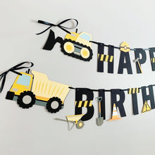 Load image into Gallery viewer, construction happy birthday banner featuring dump trucks and bull dozers