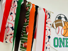 Load image into Gallery viewer, all star sports high chair banner featuring baseball, basketball, soccer ball and football