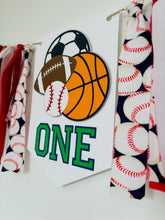 Load image into Gallery viewer, all star sports high chair banner featuring baseball, basketball, soccer ball and football