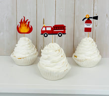 Load image into Gallery viewer, firetruck themed cupcake toppers