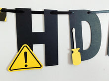 Load image into Gallery viewer, construction happy birthday banner featuring dump trucks and bull dozers