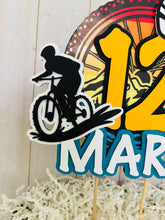 Load image into Gallery viewer, Mountain bike cake topper featuring MTB bike and rider, full face helmet, name, age, bicycle tire and wheel spokes