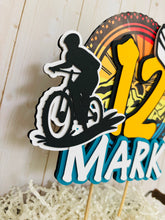 Load image into Gallery viewer, Mountain bike cake topper featuring MTB bike and rider, full face helmet, name, age, bicycle tire and wheel spokes