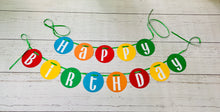 Load image into Gallery viewer, Primary colors circle pennant happy birthday banner strung on green satin ribbon.