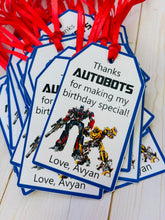 Load image into Gallery viewer, Transformers birthday party favor tags featuring autobots, transformers font, optimus prime and bumblebee.