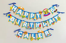 Load image into Gallery viewer, Waterslide summer happy birthday banner featuring fun summer elements that include ice cream, water guns, water balloons, umbrellas, sunglasses, beach chairs, beach balls and a waterslide.