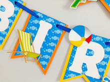 Load image into Gallery viewer, Waterslide summer happy birthday banner featuring fun summer elements that include ice cream, water guns, water balloons, umbrellas, sunglasses, beach chairs, beach balls and a waterslide.
