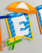 Load image into Gallery viewer, Waterslide summer happy birthday banner featuring fun summer elements that include ice cream, water guns, water balloons, umbrellas, sunglasses, beach chairs, beach balls and a waterslide.