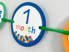 Load image into Gallery viewer, Designed and handcrafted by Declan & Smith Party Decor, this It's a ball to be one first birthday photo banner is the perfect addition to your little one's birthday party! Featuring a ball pit on each month, 13 months, newborn - 12 months and mini clothespin for easily hanging your photos, this banner is fully customizable to perfectly fit your party decor scheme.