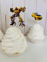 Load image into Gallery viewer, Transformers cupcake toppers featuring Optimus Prime, Bumble Bee, Autobots symbol, Bumble Bee Car and Optimus Prime Semi Truck