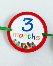 Load image into Gallery viewer, Designed and handcrafted by Declan & Smith Party Decor, this It's a ball to be one first birthday photo banner is the perfect addition to your little one's birthday party! Featuring a ball pit on each month, 13 months, newborn - 12 months and mini clothespin for easily hanging your photos, this banner is fully customizable to perfectly fit your party decor scheme.