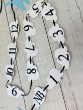 Load image into Gallery viewer, Top Gun fighter jet themed first birthday photo banner. The top gun photo banner features two fighter jets flanking 13 white clouds. The clouds are numbered NB - 12 months for a first birthday. The numbers can be customized to fit any age birthday. The planes, number colors and ribbon color is customizable.
