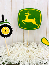 Load image into Gallery viewer, Green tractor birthday table decor or cake topper decorations. The set includes a green open cab tractor, number and deer sign. The items are attached to 6" bamboo skewers.