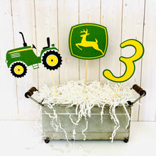 Load image into Gallery viewer, Green tractor birthday table decor or cake topper decorations. The set includes a green open cab tractor, number and deer sign. The items are attached to 6" bamboo skewers.