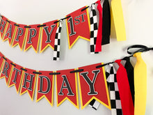Load image into Gallery viewer, Red yellow and black checkered flag ferrari formula one happy birthday banner