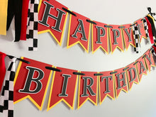 Load image into Gallery viewer, Red yellow and black checkered flag ferrari formula one happy birthday banner