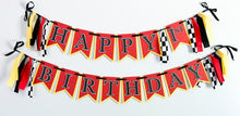 Load image into Gallery viewer, Red yellow and black checkered flag ferrari formula one happy birthday banner