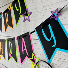 Load image into Gallery viewer, Neon glow in the dark birthday party banner featuring neon colors and neon stars