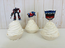 Load image into Gallery viewer, Transformers cupcake toppers featuring Optimus Prime, Bumble Bee, Autobots symbol, Bumble Bee Car and Optimus Prime Semi Truck