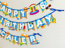 Load image into Gallery viewer, Waterslide summer happy birthday banner featuring fun summer elements that include ice cream, water guns, water balloons, umbrellas, sunglasses, beach chairs, beach balls and a waterslide.