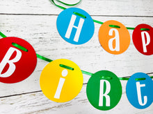 Load image into Gallery viewer, Primary colors circle pennant happy birthday banner strung on green satin ribbon.
