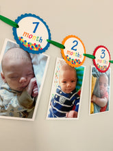 Load image into Gallery viewer, Designed and handcrafted by Declan & Smith Party Decor, this It's a ball to be one first birthday photo banner is the perfect addition to your little one's birthday party! Featuring a ball pit on each month, 13 months, newborn - 12 months and mini clothespin for easily hanging your photos, this banner is fully customizable to perfectly fit your party decor scheme.