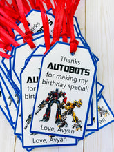 Load image into Gallery viewer, Transformers birthday party favor tags featuring autobots, transformers font, optimus prime and bumblebee.