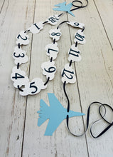 Load image into Gallery viewer, Top Gun fighter jet themed first birthday photo banner. The top gun photo banner features two fighter jets flanking 13 white clouds. The clouds are numbered NB - 12 months for a first birthday. The numbers can be customized to fit any age birthday. The planes, number colors and ribbon color is customizable.